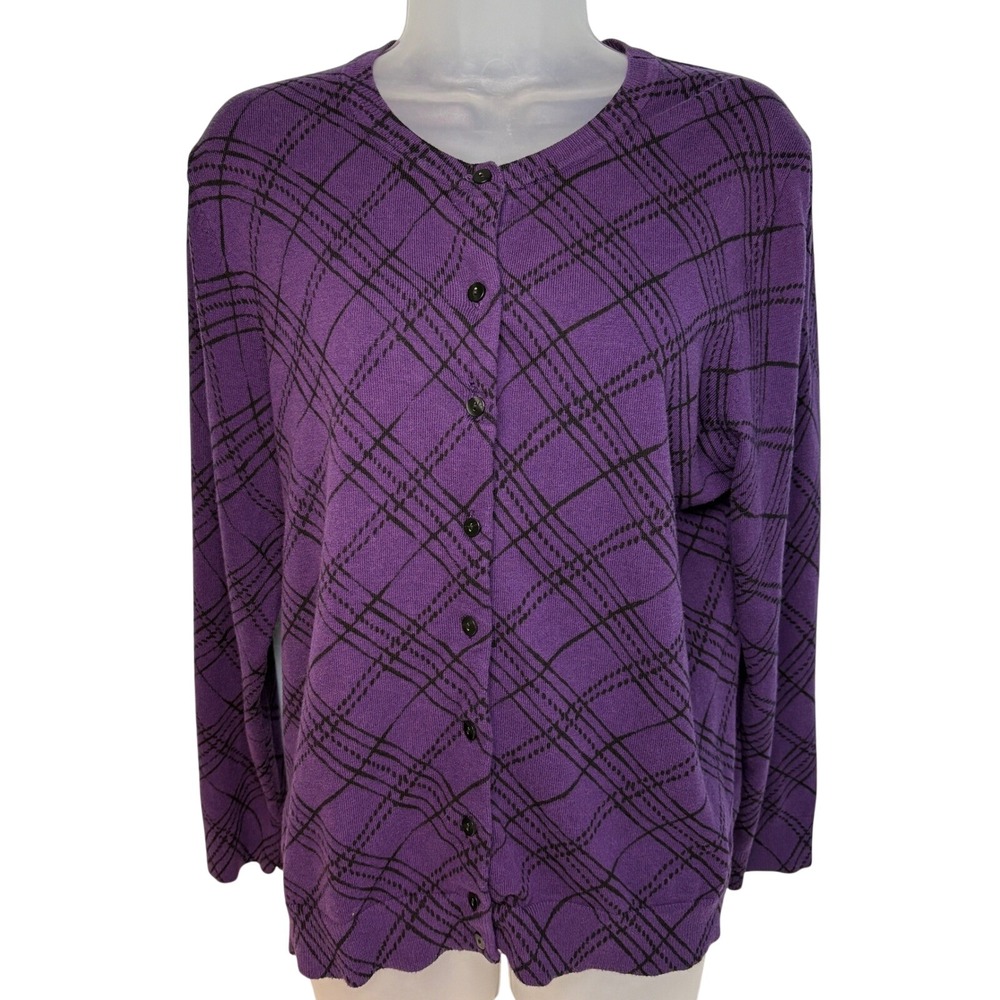 Large Cardigan Sweater Women Purple Plaid Button Front Office knit preppy grunge